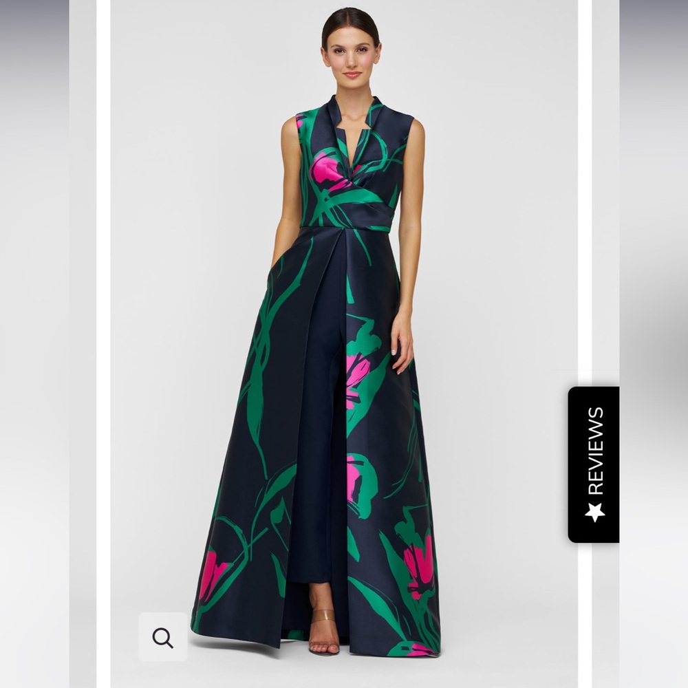 Kay Unger Navy and Pink Floral walk thru dress jumpsuit